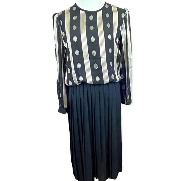Vintage 80’s Accordion Pleated Dress Black and Silver Small - Picture 1 of 6